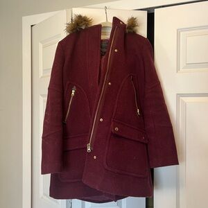 J. Crew Women's Stadium Cloth Burgundy Coat with Faux Fur Trim